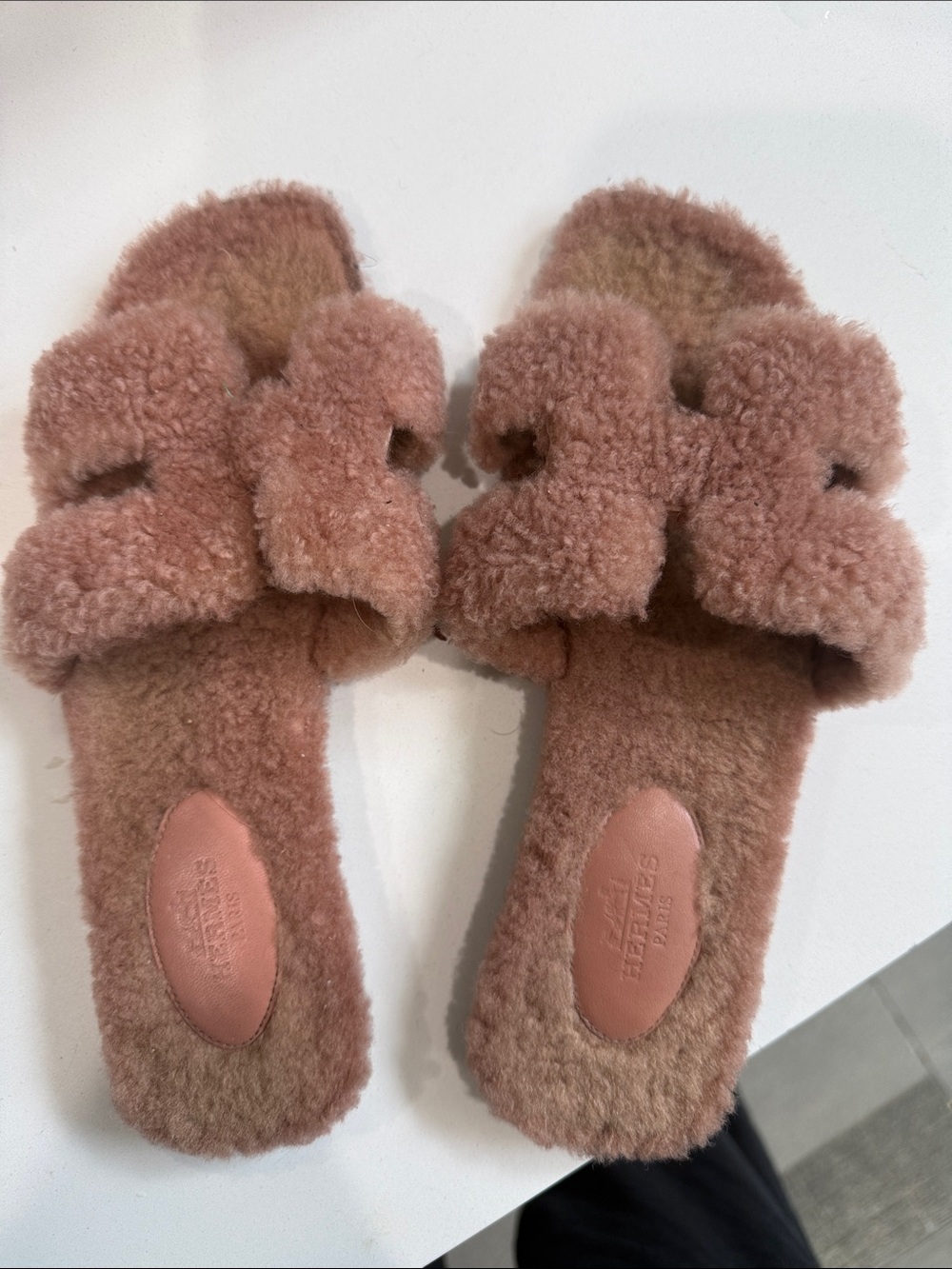 Hermes Pink Shearling Slide Sandals